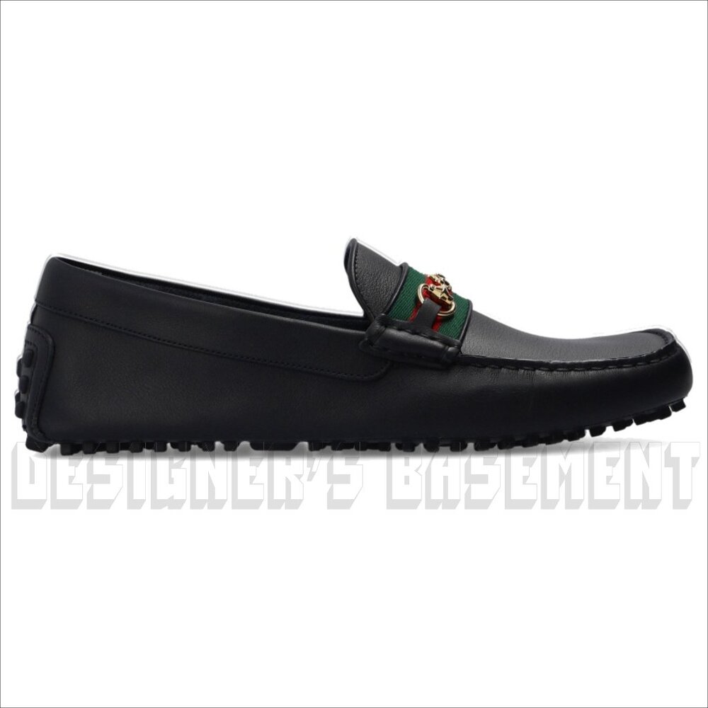 GUCCI mens 12.5 black AYRTON leather Horsebit DOUBLE G WEB Driver Moccasin shoes - Picture 9 of 12